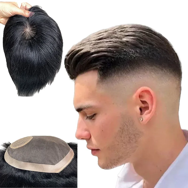 6*8/7*9 Machine Toupee for Men Swiss Lace Human Hair Wigs Clips on Hair 100% Real Human Hair System Replacements Natural Color