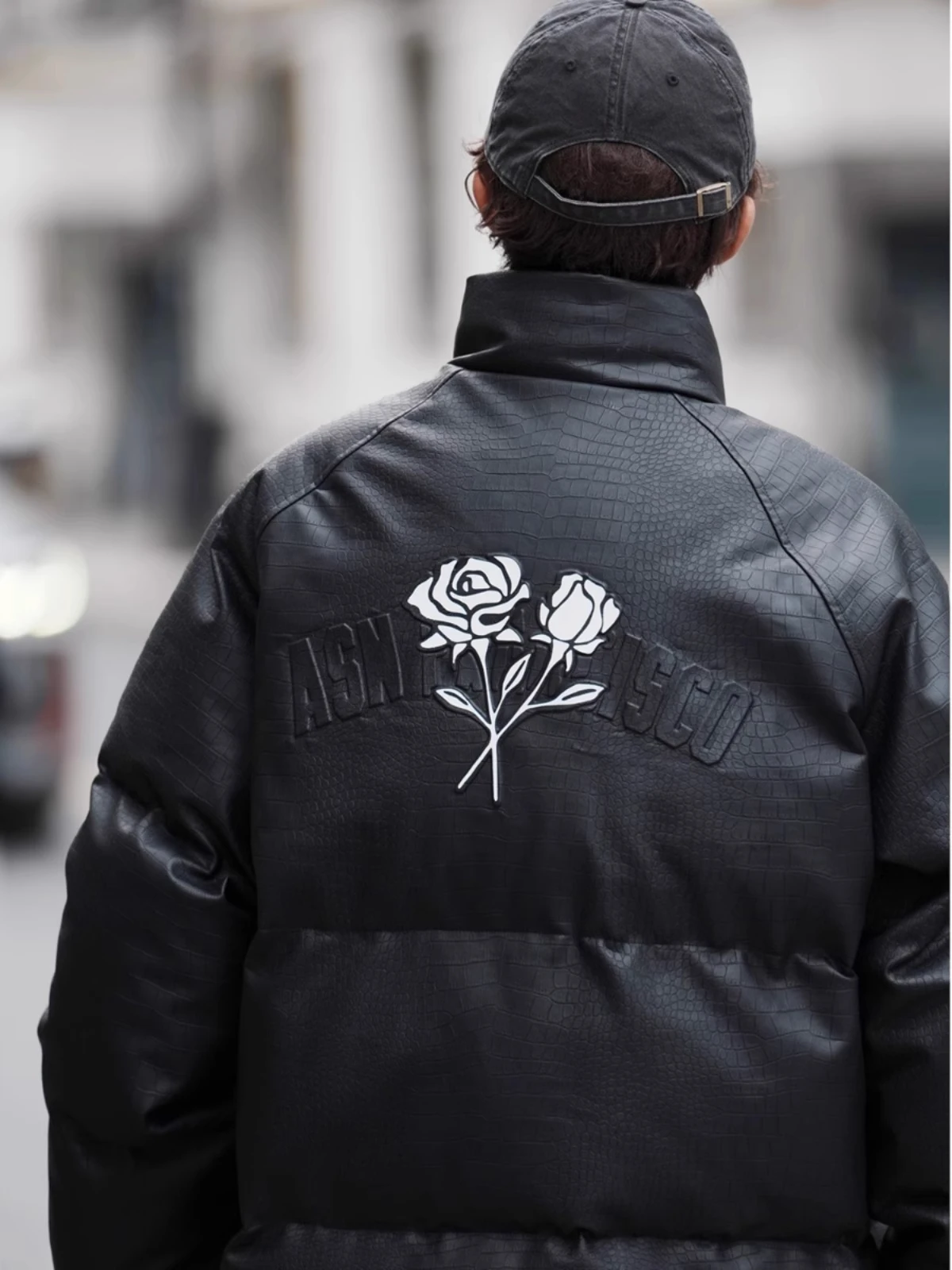 

Loose Fit Men's down Jaet Couple's Crocodile Pattern PU Leather Jaet Wa-Free Bread Sle Coat Casual Windproof Zipper