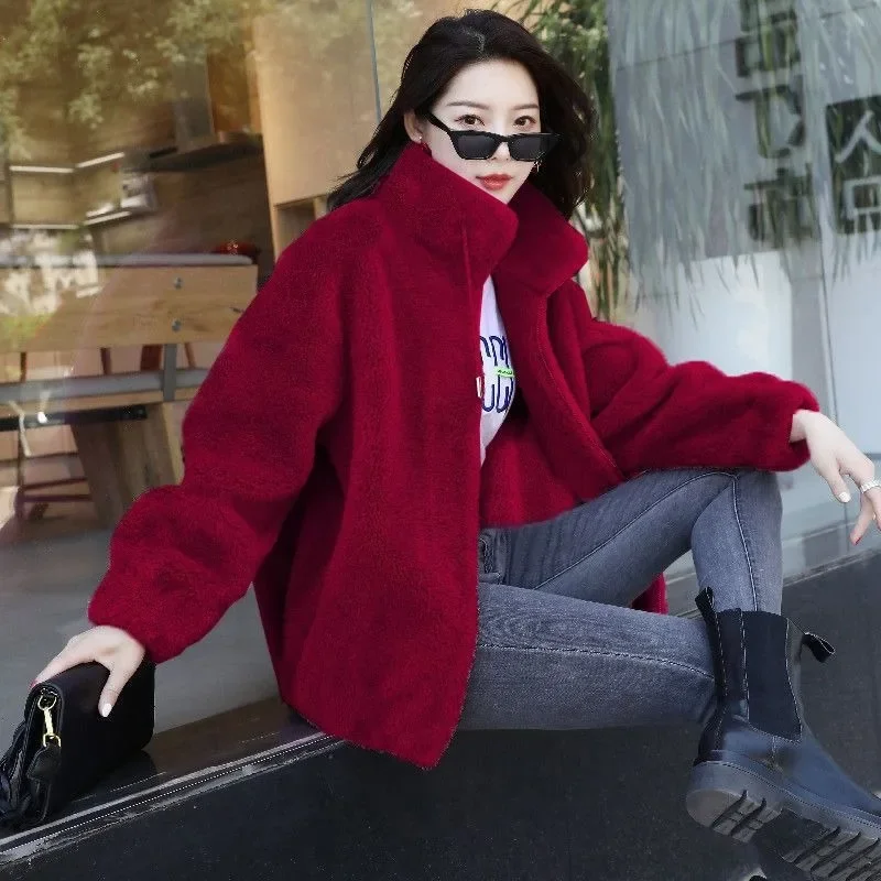 Women Autumn Winter Warm Thick Sweatshirts Chic Furry Cardigans Solid Colors Zipper High Collar Outwears New Fashion Sweatshirts