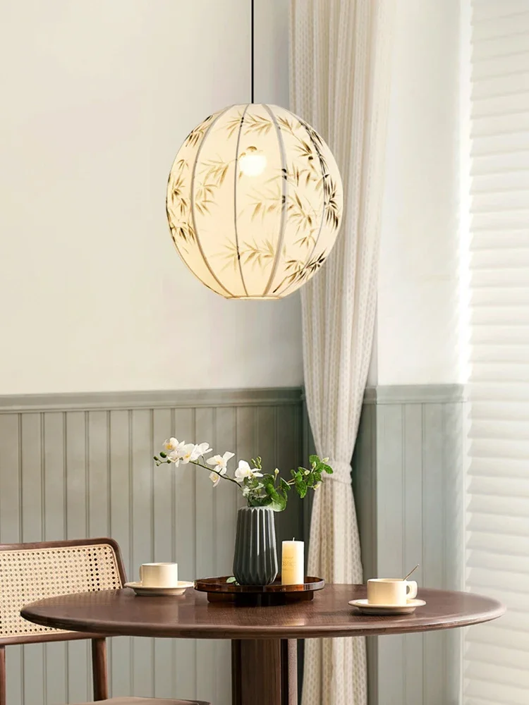 New Chinese Style Hand-Painted Bamboo Leaf Fabric Chandelier Ancient Dining Tea Room Lantern Light Lighting Bedroom Pendant Lamp