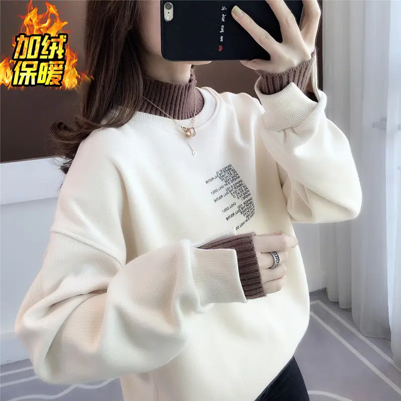 Autumn and Winter Women's Patchwork Fake Two Pieces Half High Collar Long Sleeve Loose Drawers Printed Fashion Casual Tops