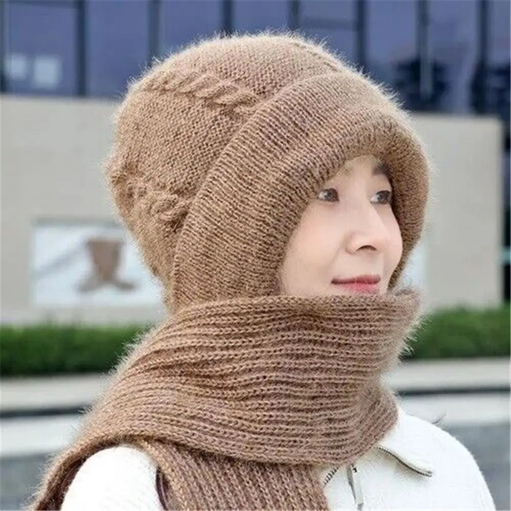 Knitted Integrated Cap Scarf Winter Warm Windproof Ear Protection Cap Casual Soft Beanie Hat Scarf Women