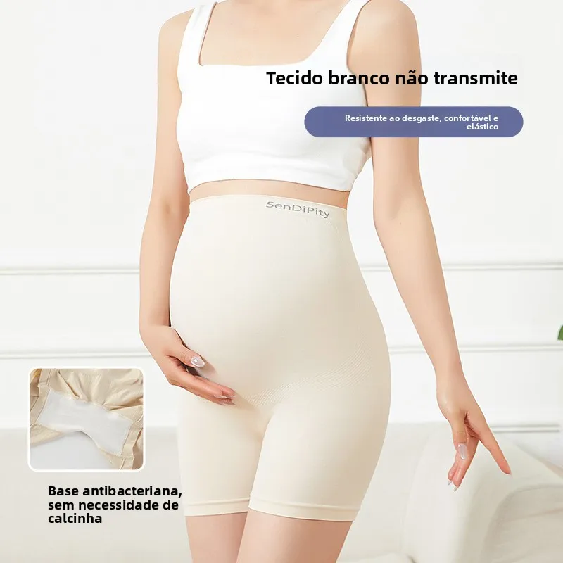 Calças de segurança para mulheres grávidas, duas em uma, sem costura, finas, shorts de verão, anti-luz, cintura alta, nylon, ...