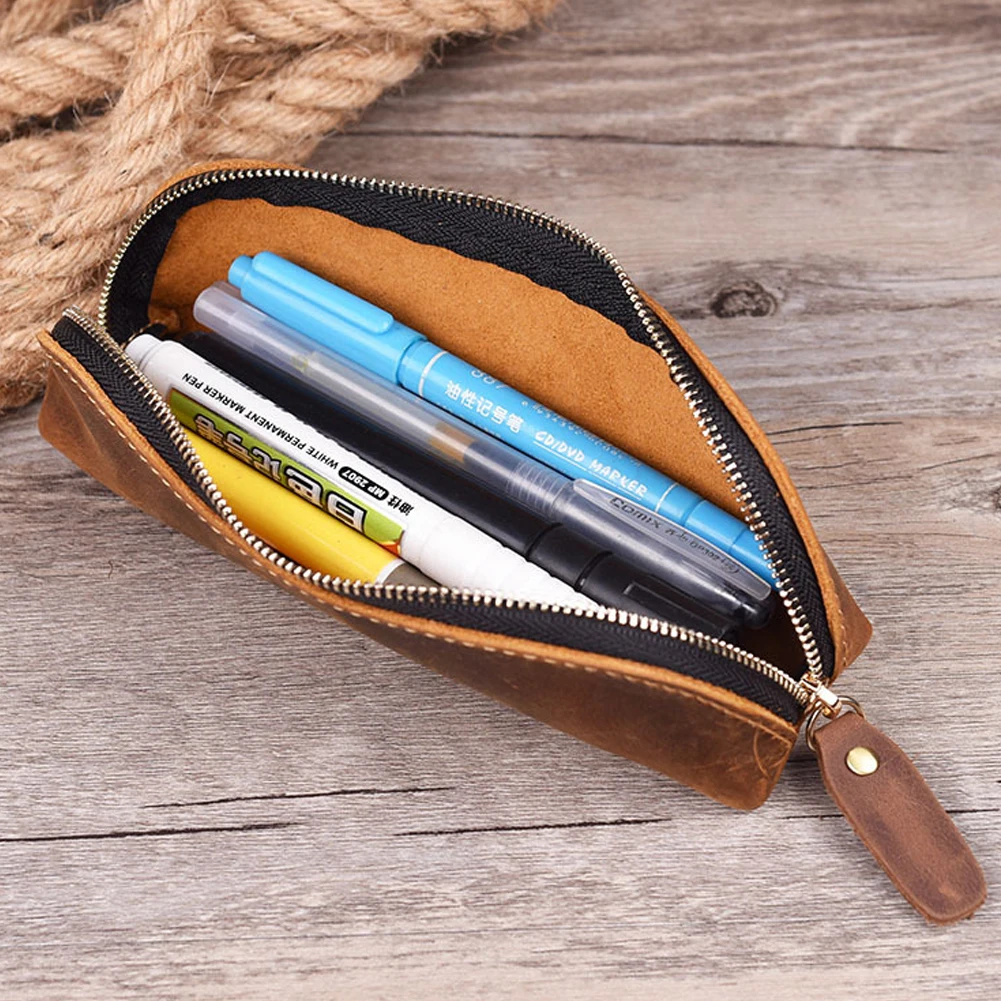 Saco De Lápis De Couro Genuíno Artesanal, Suporte De Papelaria Retro Simples, Pen Case, Saco De Armazenamento, Zipper Pencil Pouch, Óculos Caso