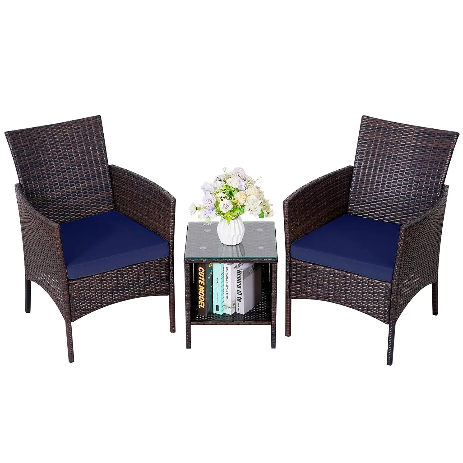 

3 Piece Rattan Patio Furniture Set Wicker Chairs & Coffee Table Outdoor Garden Yard Bistro Large Brown Navy, Customized