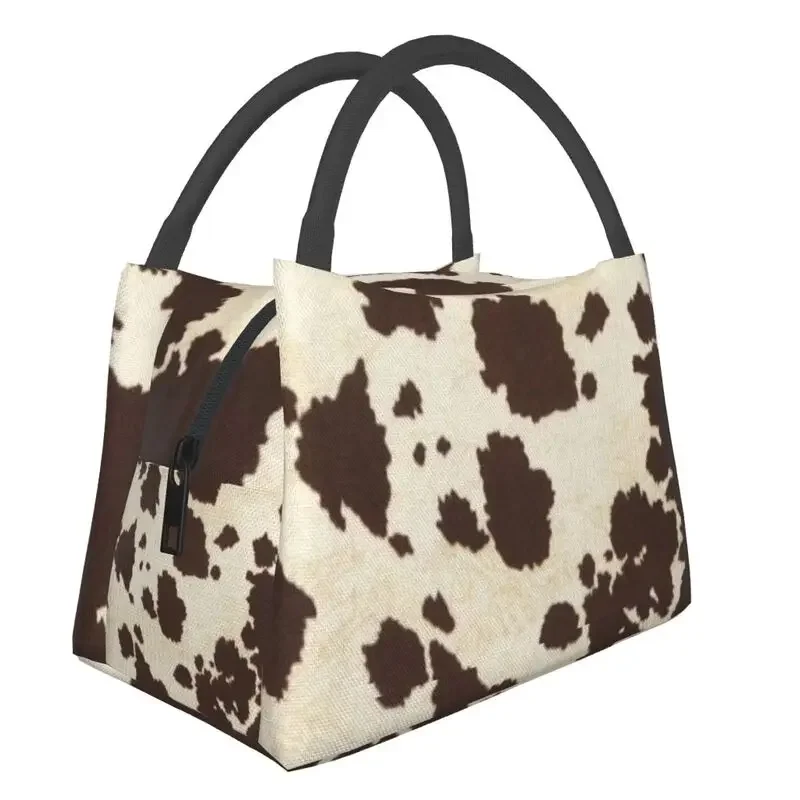 brown and white cowhide lunch bag for women\'s cooler insulated lunch box, used for camping, camping