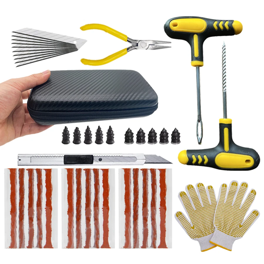 Kit Universal de Reparo de Pneus de Moto e Carro, Tiras de Emergência e Cola para Pneus Sem Câmara, Acessórios para Reparo Rápido na Estrada
