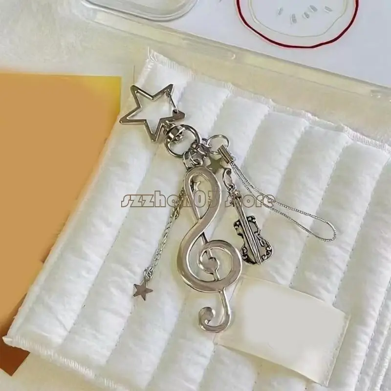 367C Silver Tone Music Bag Charm Alloy Treble Clef Keychain with Violin Pendant Chain Links and Wrist Strap Loop for Daily