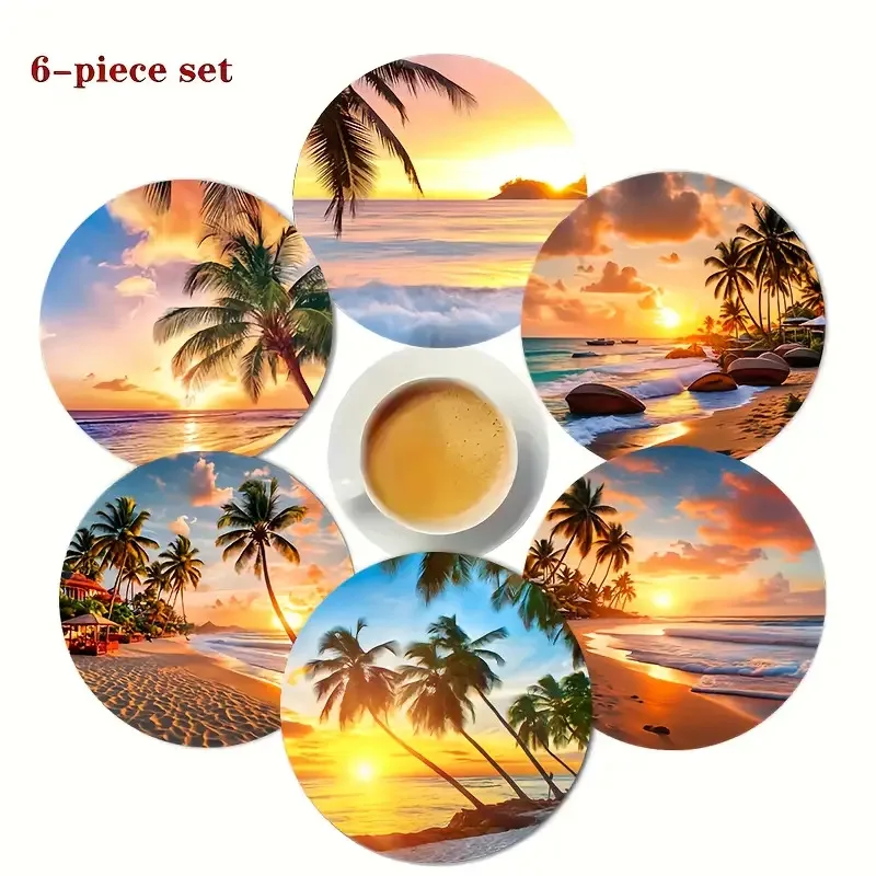 2D Seaside Coastal Vibe Wooden Cup Mat Surface Guard Dining Pub Cafe Tearoom Workplace Household Ornament Sturdy Wood Gift
