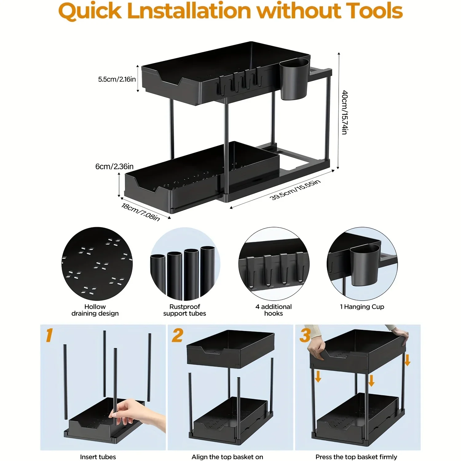 1 pack of under-sink storage box and storage bathroom, 2-tier under-sliding cabinet basket storage box with hook multi-purpose