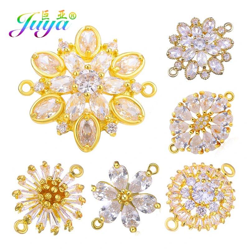 Juya Handmade Jewelry Material Supplies Gold Cubic Zirconia Flower Charm Connectors For DIY Bracelets Earrings Making