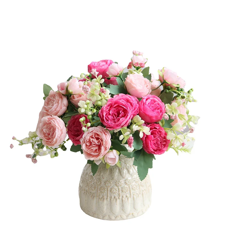 Artificial Flower Decoration Tools Bouquet Peony Artificial Flower 5 Big Head 4 Small Bud Bride Wedding Home Decoration Artifi