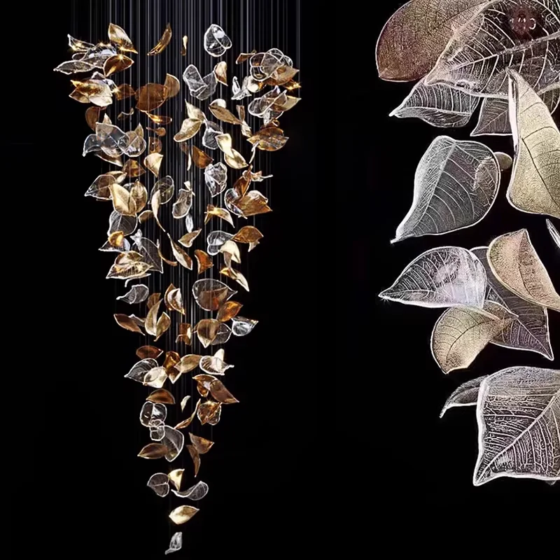 Modern Luxury Leaf-shaped LED Handmade Glass Staircase Pendent Light Decorating Home Atmosphere Dining Room Living Room Fixture