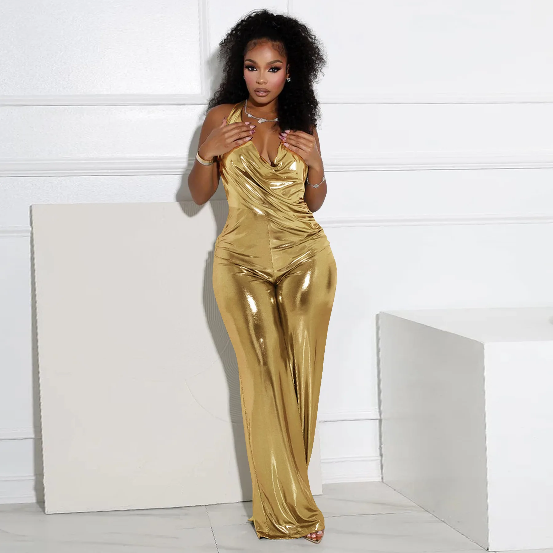 

Сексуальные женские комбинезоны без рукавов с v-образным вырезом и открытой спиной, широкие брюки, весенний цельный комплект, уличная одежда, наряды