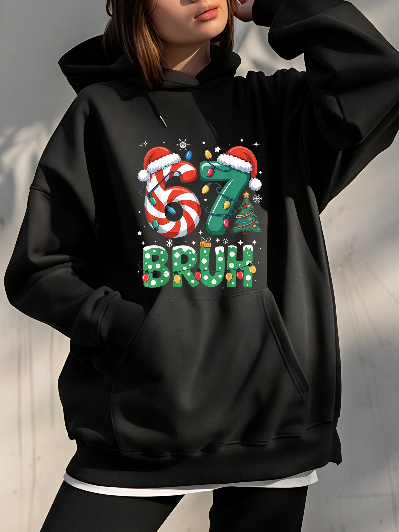 

67 Bruh Рождественский праздничный свитшот из конфетной трости, женская повседневная уличная толстовка с праздничным принтом, зимняя одежда