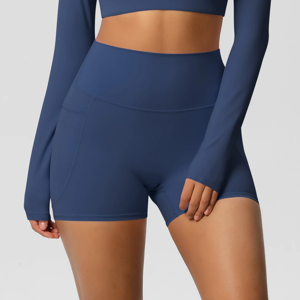 Einfarbige Yogahose mit Taschen, schnell trocknend, hohe Taille, für Fitnessstudio, Push-Up-Yoga-Shorts für Damen, atmungsaktiv, Workout, Fitness, kurz – Detail 17