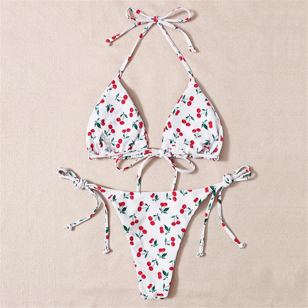 XS - L Cherry Print Neckholder-Bikini mit Trägern, Damen-Badeanzug, zweiteiliger Bikini-Set, Badebekleidung, Badeanzug, Schwimmbekleidung V4894 – Detail 9