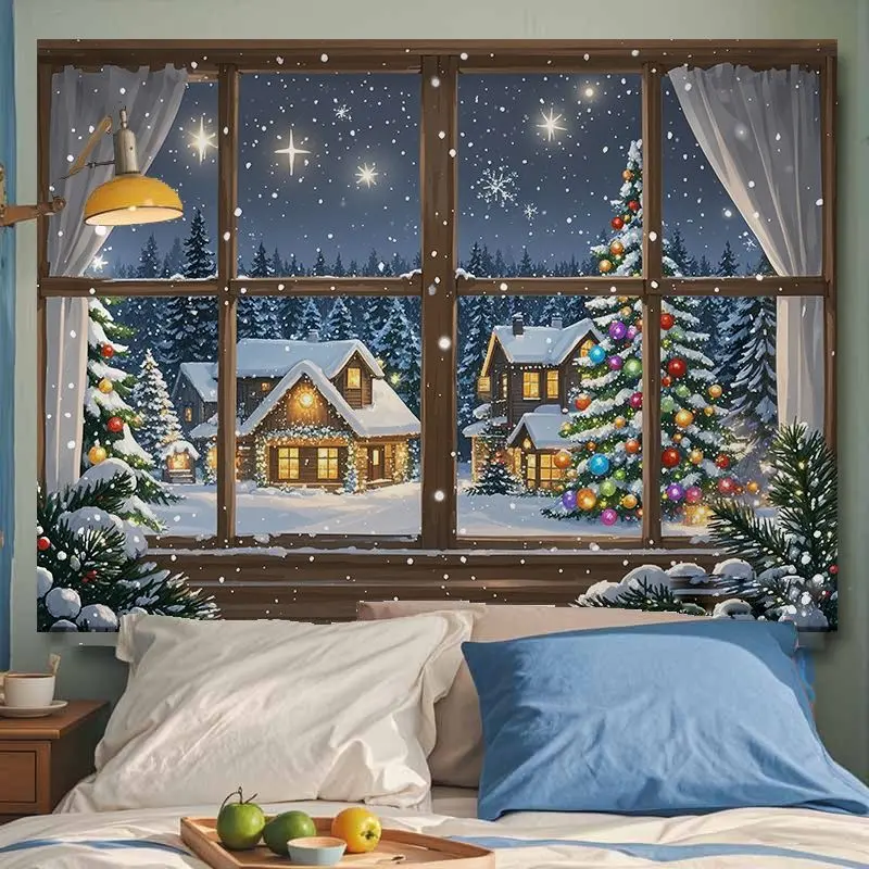 VIKAMA Wall Tapestry Christmas Window Snow Scene Tree Cabin Wall Hanging Dorm Room Aesthetic Xmas Wall Art Festive Cute Boho