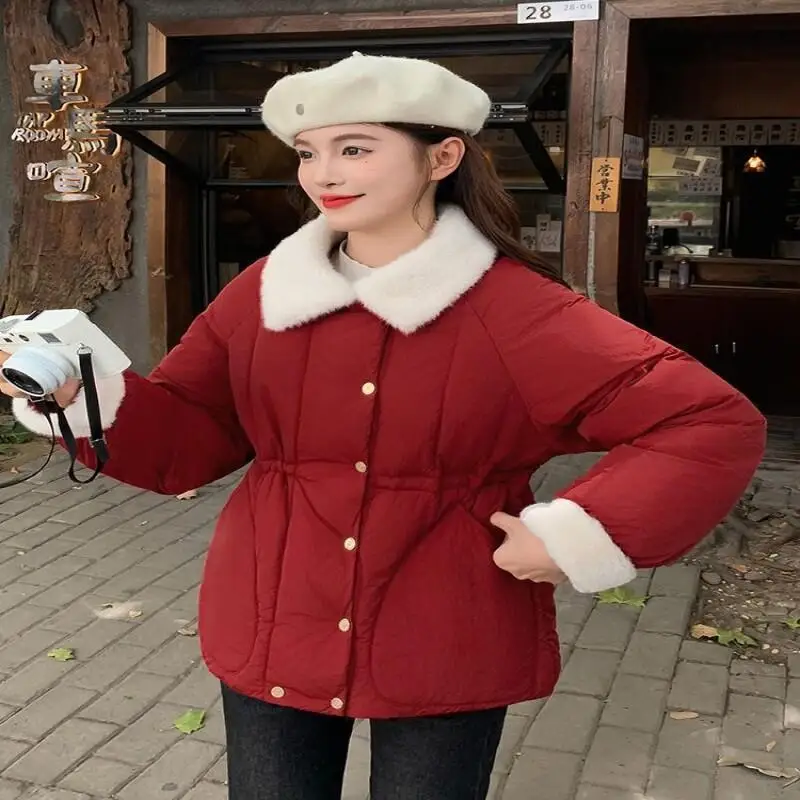 Women's Padded Jacket Outdoor Daily Wear Winter Down Cotton Jacket Short Waist Belted Thickened Warm Faux Fur Collar Coat Tops