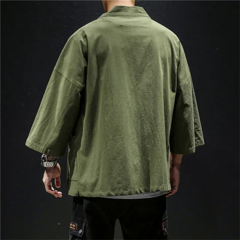 Camisas de linho tradicionais masculinas, cardigã de quimono japonês, traje samurai monocromático, streetwear masculino, Yukata Haori, camisas básicas, moda