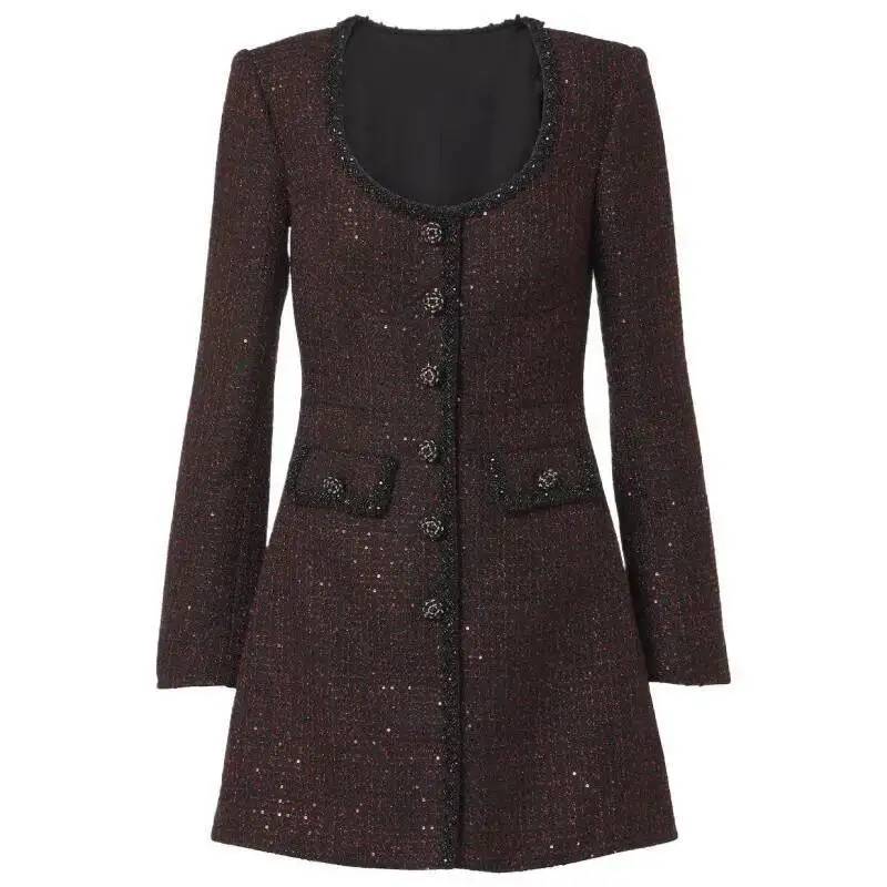 

Luxury Designer 2025 Spring Long Full Sleeve Crystal Short Tweed Dress For Women's Beading Pearls Mini Party Vestidos Lady