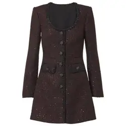 Luxury Designer 2025 Spring Long Full Sleeve Crystal Short Tweed Dress For Women's Beading Pearls Mini Party Vestidos Lady