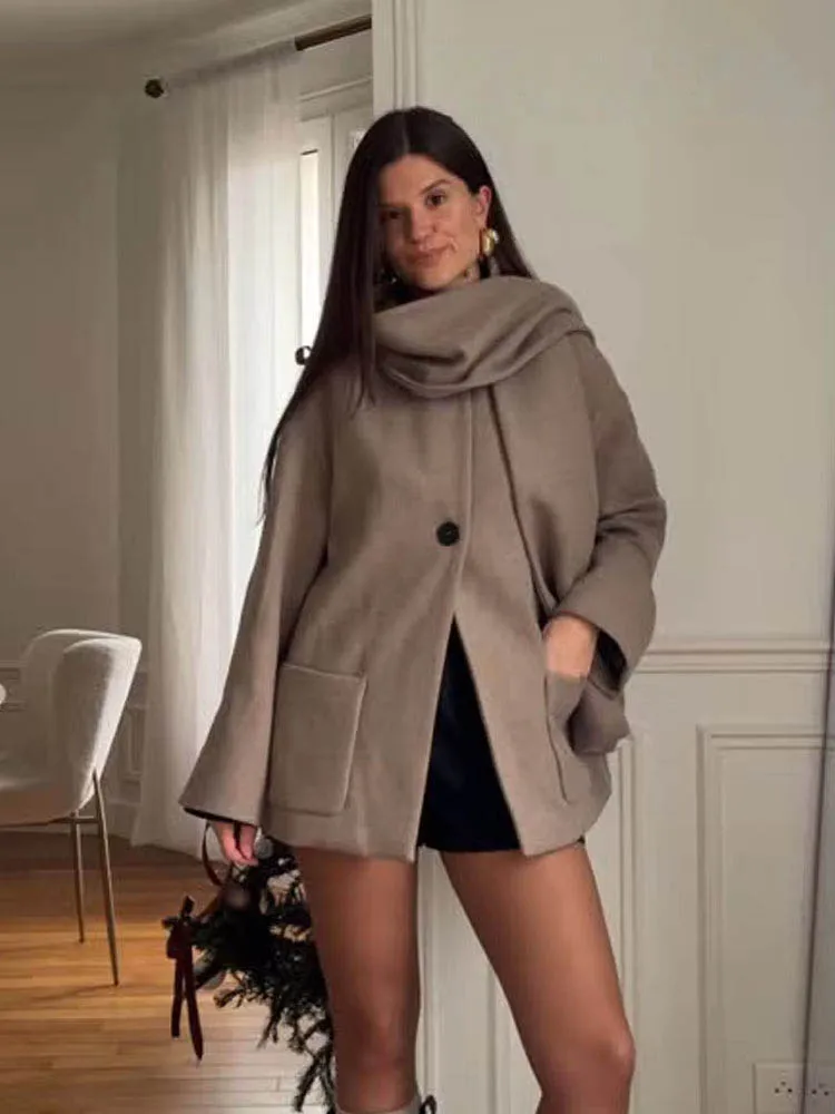 HH Women Fashion Versatile Blended Scarf Round Neck Long Sleeve Jacket Coat Woman Elegant Warm Pocket Design Outwear 5-Color