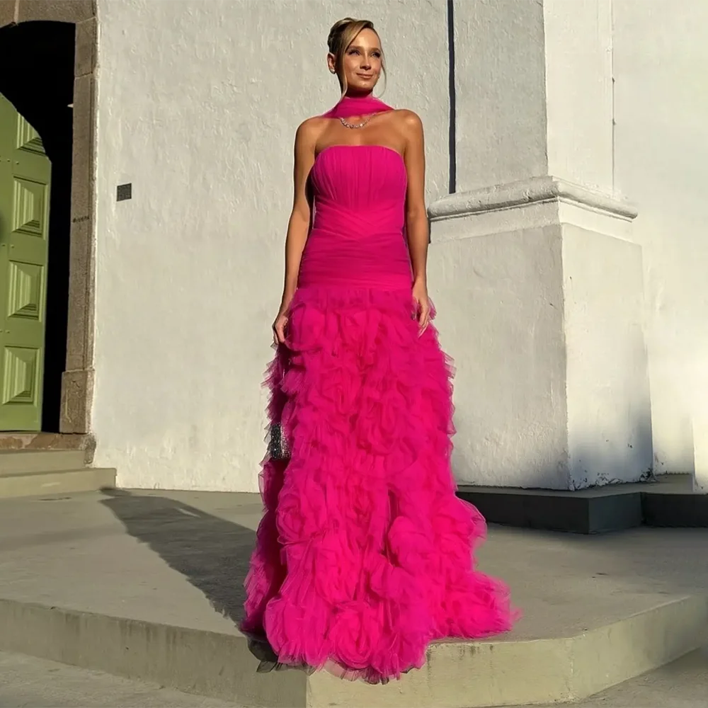 Vestido de Fiesta RFYR Color Fucsia con Flores 3D, Vestido de Graduación Plisado con Pañuelo, Vestido de Lujo para Mujer, Personalizable