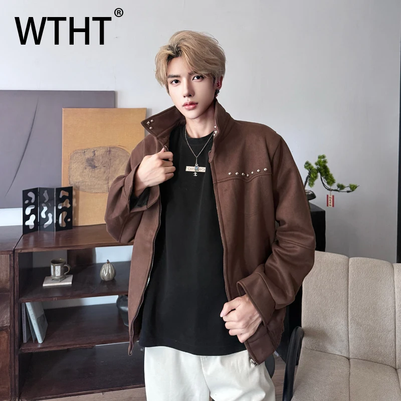 

WTHT Fashion Men's Spliced Rivets Solid Color Coats Trendy Japanese-style Long Sleeves Lapel Jackets Male 2025 Autumn 2A2118
