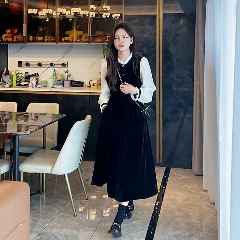 

Good Quality Female Autumn Dress Ruffled Collar Patchwork Long Sleeve Velvet Dress Women's Party Dress Black Elegant Lady Dress