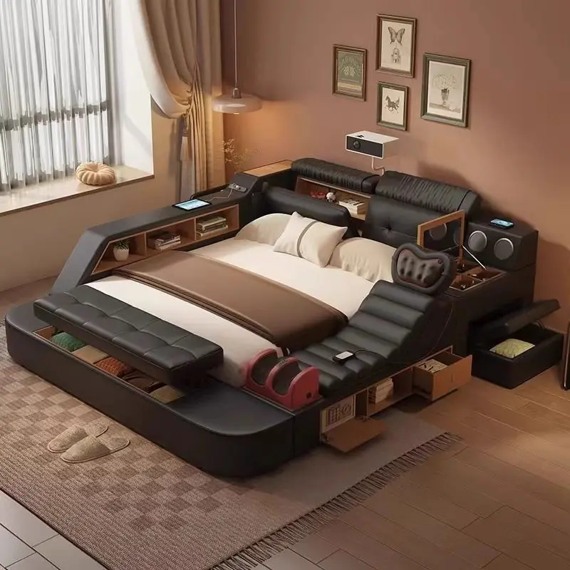 

Leather bed master bedroom high-end atmosphere black modern simple multi-functional massage tatami double bed projector bed