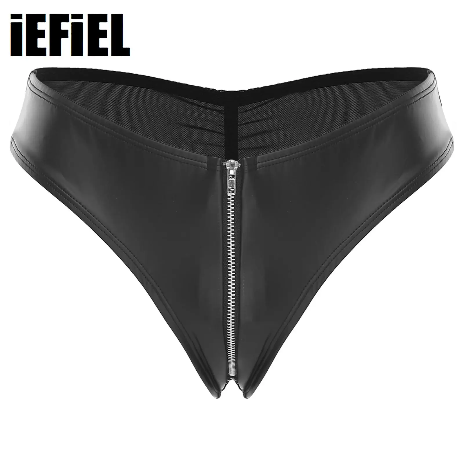 

Women PU Leather Thong Low Rise T-back Briefs Lingerie Zipper Crotch Sheer Mesh Patchwork Underwear Honeymoons Night Clubwear