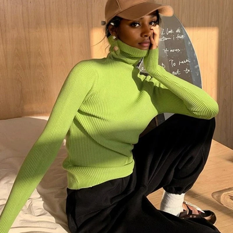 

Turtleneck Elegant Knitted Long Sleeved Pullover Sweater Tight Slim Fit Autumn and Winter New Fashion Shirts Women Casual Tops