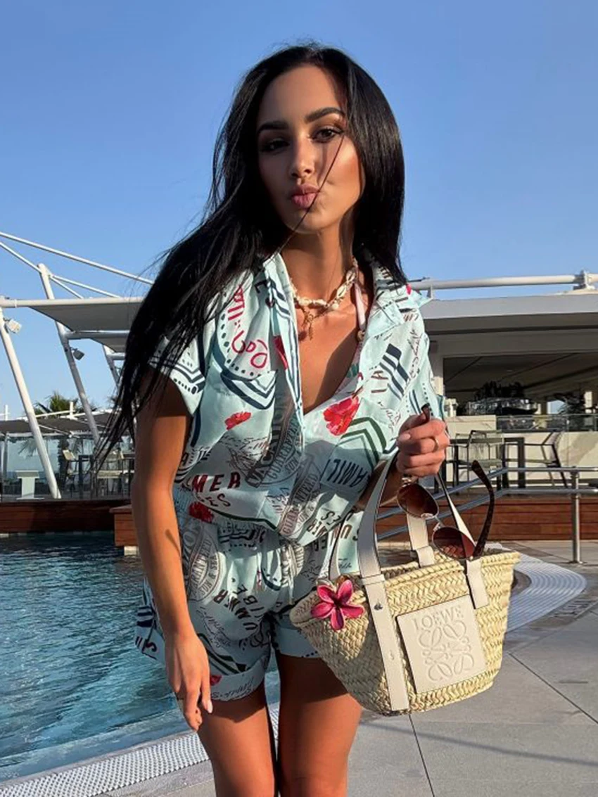 Marthaqiqi Printing Women Sleepwear Set Short Sleeve Nightgown Sexy Turn-Down Collar Nightwear Shorts Casual Pajama 2 Piece Suit