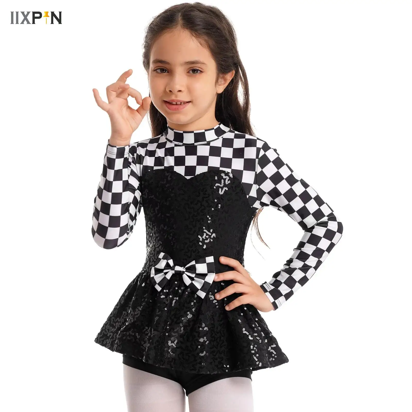 Kids Girls Racer Racing Driver Pilot Halloween Cosplay Costume Tutu Dress Checkerboard Long Sleeve Sequin Skirted Jumpsuit