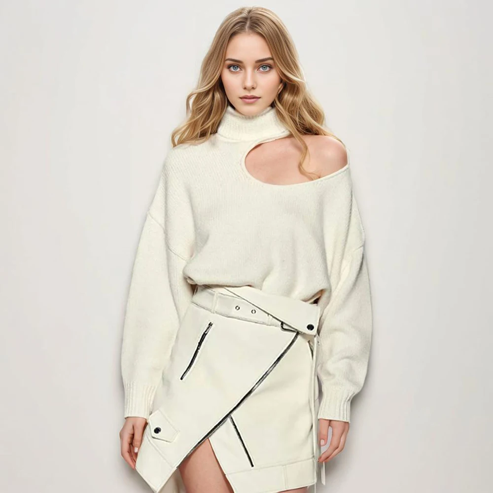 

Solid Hollow Out Casual Loose Knitting Sweaters For Women Turtleneck Long Sleeve Minimalist Pullover Sweater Female Style