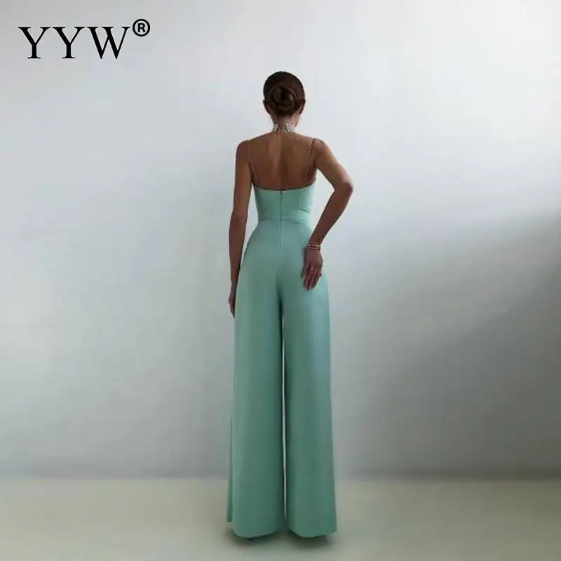 Women Sexy Backless V Neck Slim Flare Rompers Elegant Wide-leg Pants Summer Streetwear Solid Color Sling Sleeveless Jumpsuits