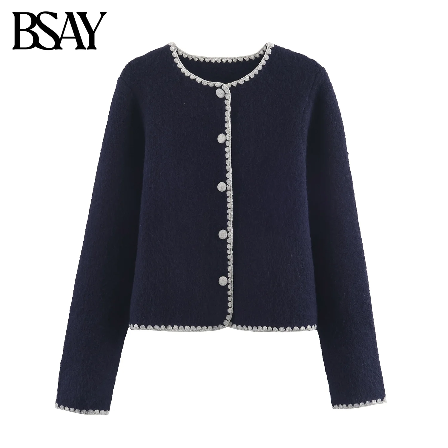 

BSAY Contrast Embroidered Knitted Cardigan Sweater Coat for Women Fashion Autumn Winter Long Sleeves Single Breasted Top Jacket