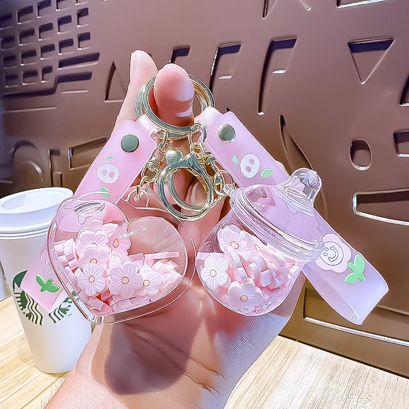 

Crystal Sand Drip Pendant with Pink Flowers in Oil Floating Car Key Chain Girls' Backpack Accessory Holiday Gift