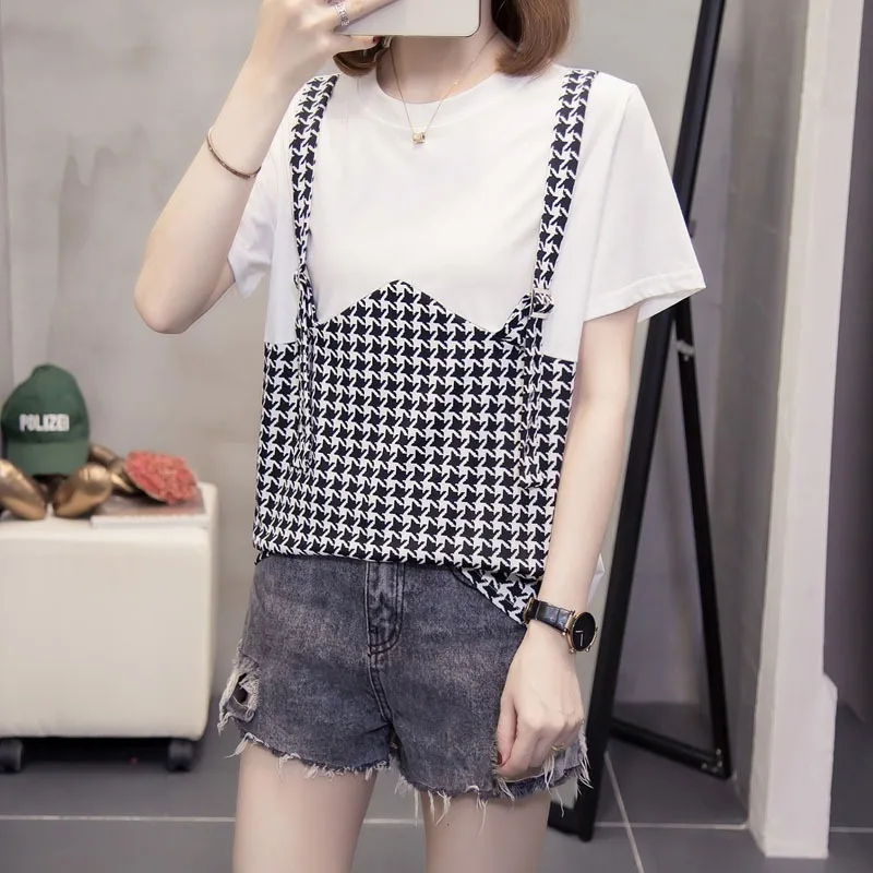 

Cotton Houndstooth Women Casual T-shirt New Round Neck Short Sleeve Fashion Tide Spring Summer 2022 Plus size 100KG