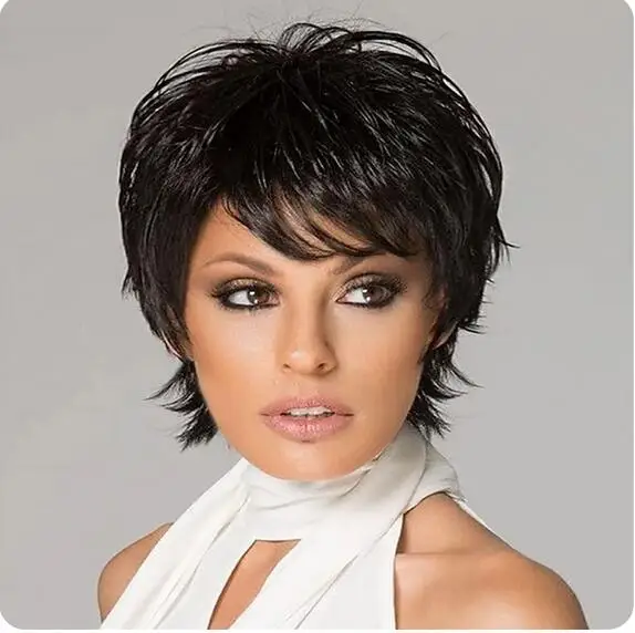 Perucas sintéticas curtas do cabelo do Pixie Cut para mulheres, preto