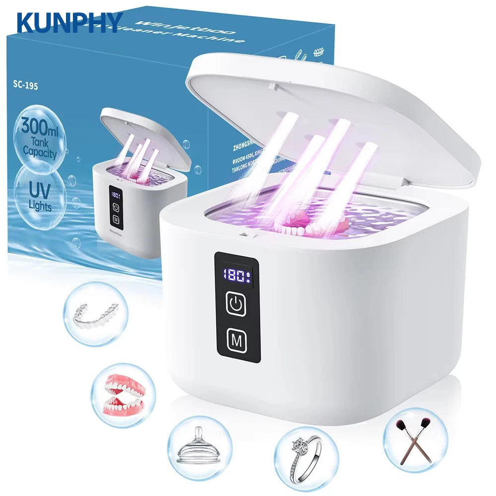 

KUNPHY Ultrasonic Cleaner Portable Retainer Denture Cleaning UV Light 48kHz Adjustable Modes For Jewelry Dentures Braces Ring