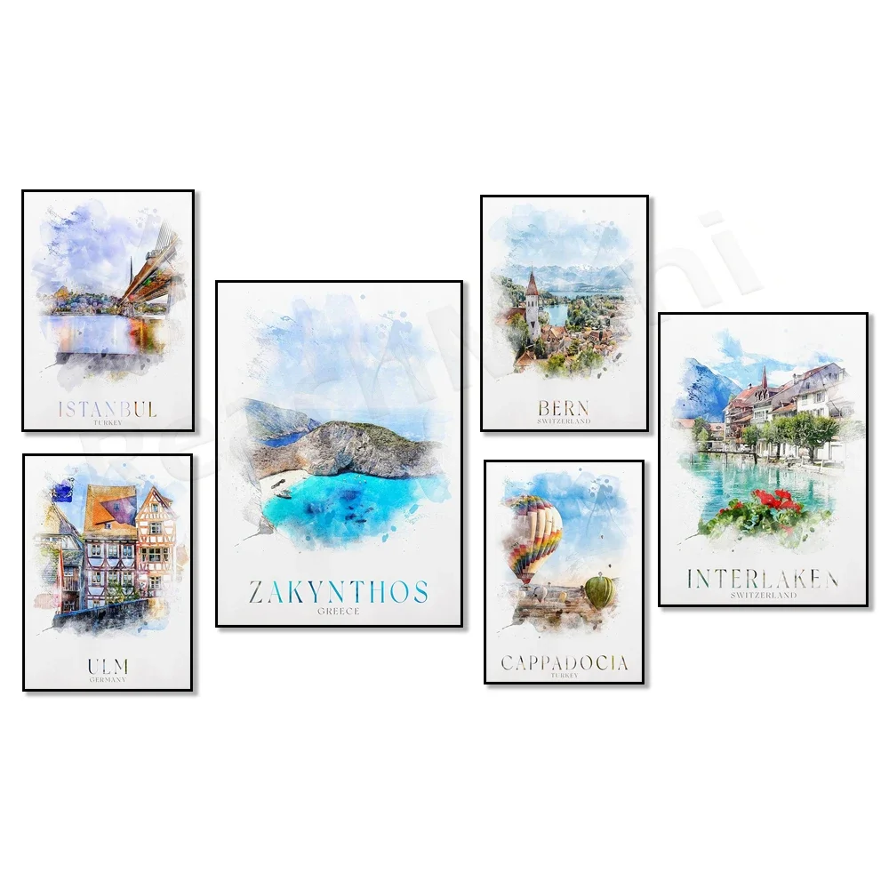 Cartel de viaje en acuarela de la isla de Zante en Grecia, Ulm en Alemania, Turquía, Suiza, Zermatt, Montreux, Lucerne, Benidorm