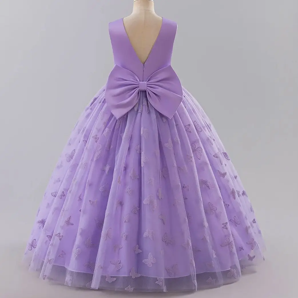 Girls Butterfly Embroidery Tulle White Ball Gown Princess Party Dress For Kids Wedding Birthday Elegant Formal Occasion Vestidos