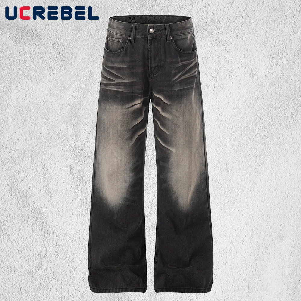 Retro Wide Leg Jeans Mens Gradient Dyed  High Street Washed Distressed Straight Baggy Denim Pants Man