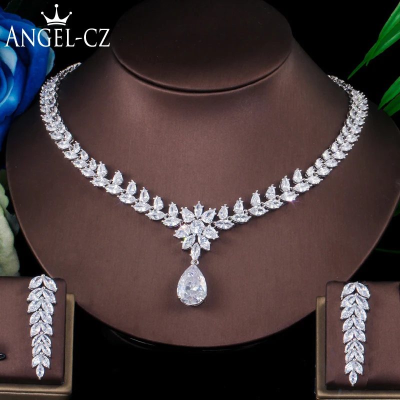 

ANGELCZ Gorgeous Bridal Jewelry Wedding Accessories Inlaid Marquise Cubic Zircon Waterdrop Necklace Women Earrings Set AJ222