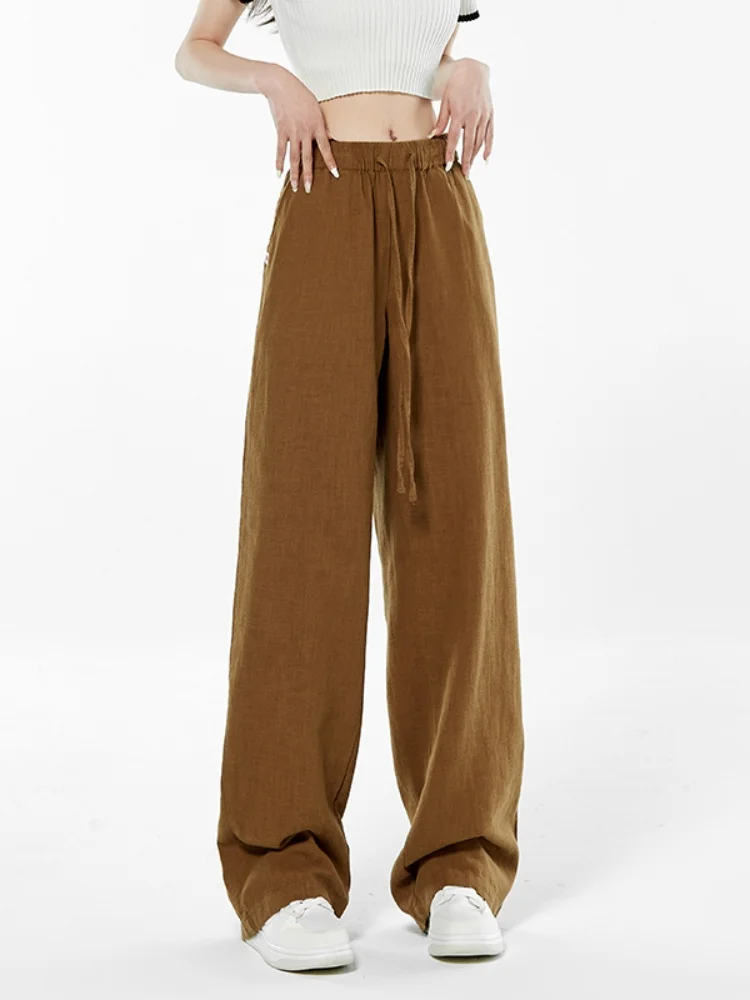 

Летние тонкие широкие льняные брюки для мужчин, свободный крой, из льна и хлопка с эффектом ледяного шелка, струящиеся, повседневные, больших размеров, модные, в уличном стиле