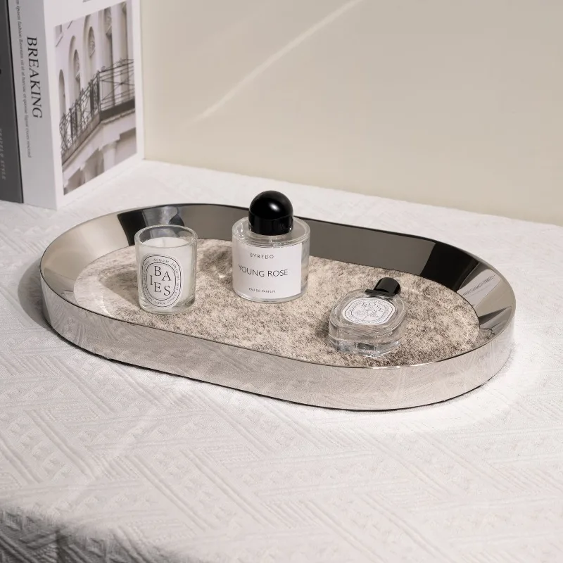 

Stainless Steel Oval Tray Horsehair Storage Tray Modern Minimalist Household Trays Kitchen Decoration Organization Accessories
