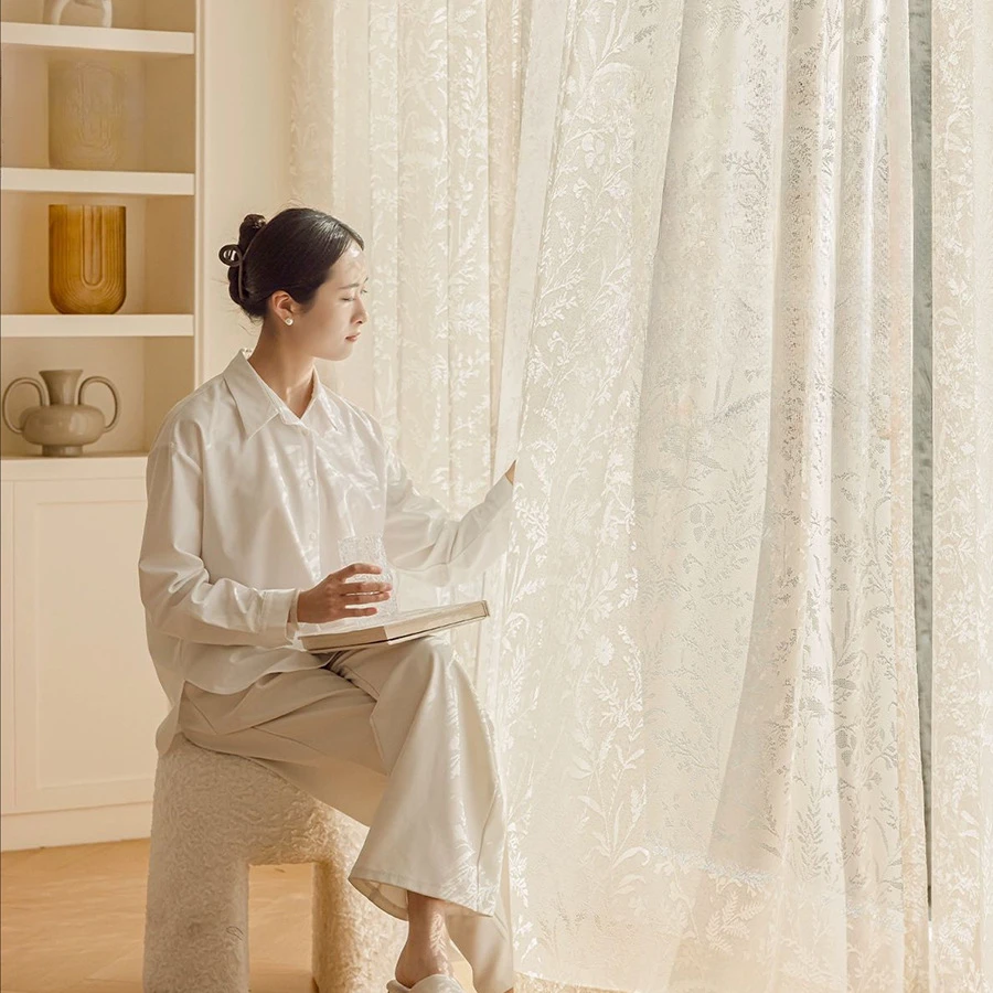 

Popular Branch Shadow Romantic Transparent Tulle Curtain for Living Room Balcony Bedroom Window Luxury Cotton Hollow Out Style