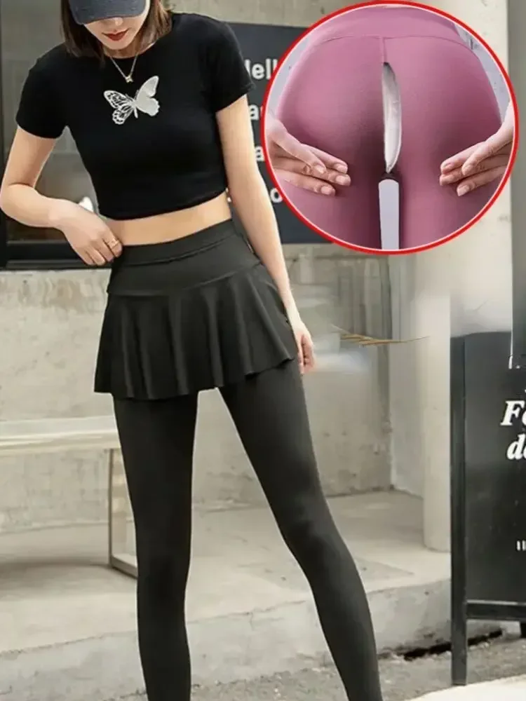 Pure Cotton Pleated Skirt Fake Two-piece Leggings Invisible Zipper Open Pants Female Outdoor Sex Free Hit The Field Wear Sexy